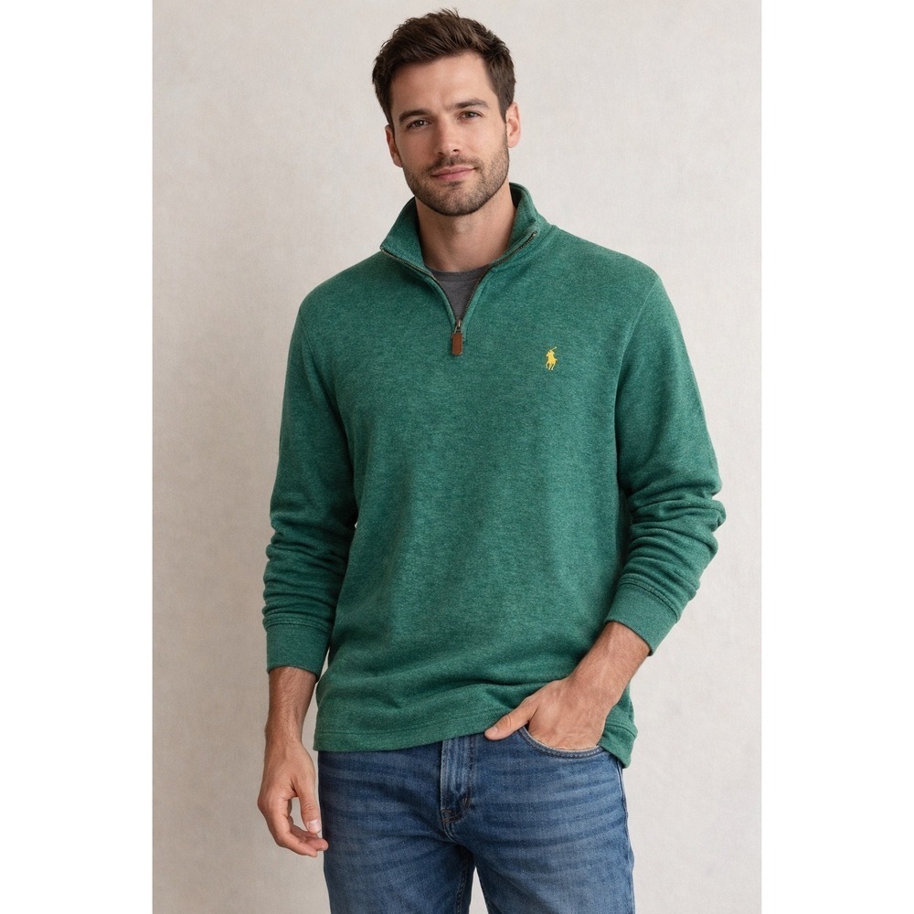 Polo Ralph Lauren Mens Quarter Zip Pullover‎ Sweater Green Heather Cotton Large
